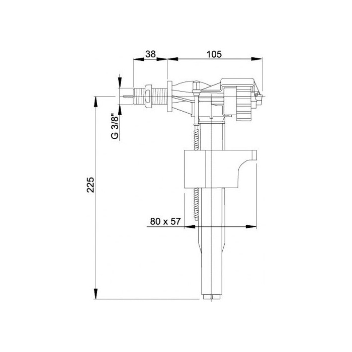 Šoninio pajungimo WC pripildymo mechanizmas ALCA PLAST, sriegis 3/8"