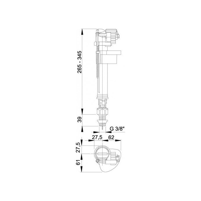 Apatinio pajungimo WC pripildymo mechanizmas ALCA PLAST, sriegis 3/8""
