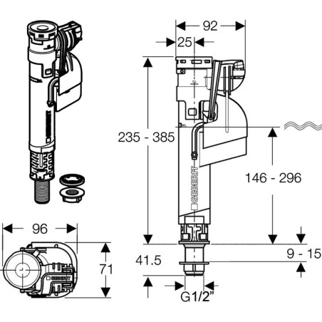 Apatinio pajungimo WC pripildymo mechanizmas GUSTAVSBERG, sriegis 1/2""