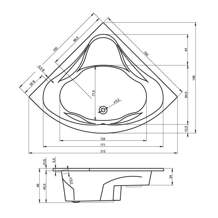 Akrilinė kampinė vonia RIHO Neo 1500 x 1500 mm