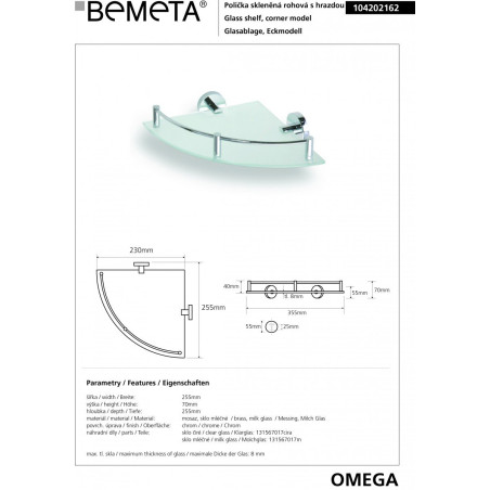 Kampinė stiklinė lentynėlė su borteliais BEMETA Omega