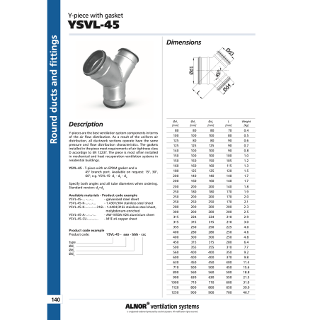 Ventiliacijos trišakis Y formos ALNOR 160 / 45°