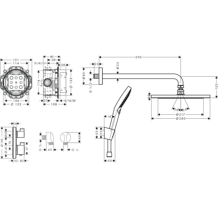 Potinkinis termostatinis dušo 4 in 1 komplektas HANSGROHE Croma 280, 27961670