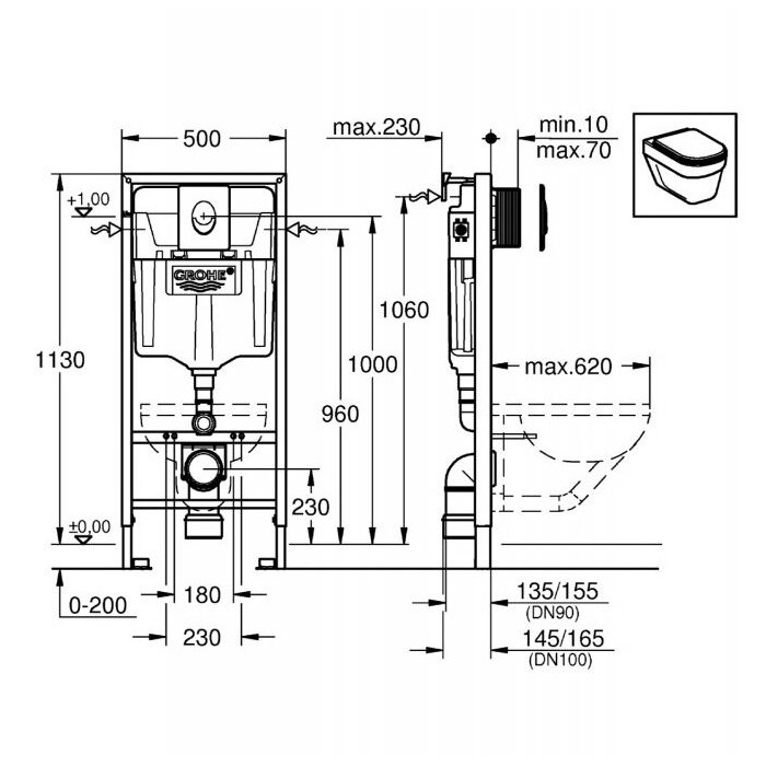 Potinkinis GROHE Rapid SL rėmas su baltu mygtuku ir klozetu DEANTE Peonia Rimless