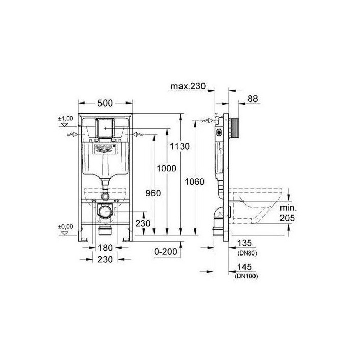 Potinkinis GROHE Rapid SL rėmas su chromuotu mygtuku ir klozetu DEANTE Peonia Rimless