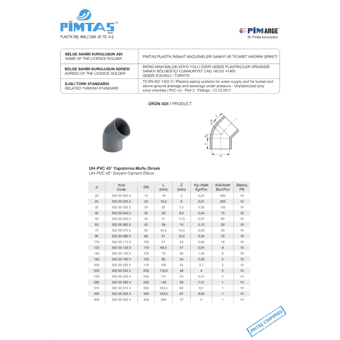 Alkūnė PVC-U PİMTAS 50 x 45° (PN16)