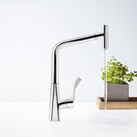 Virtuvinis (plautuvės) maišytuvas su ištraukiamu snapu HANSGROHE Metris Select 320, chromo spalvos, 73803000