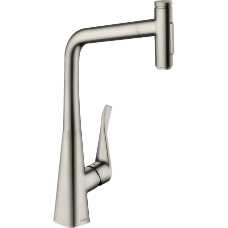 Virtuvinis (plautuvės) maišytuvas su ištraukiamu snapu HANSGROHE Metris Select M71, nerūdijančio plieno spalvos, dviejų srovių, 