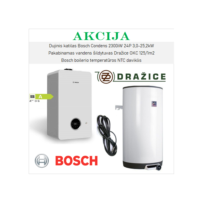 Akcijinis BOSCH 25 kW ir DRAŽICE 125 l šildymo įrangos komplektas