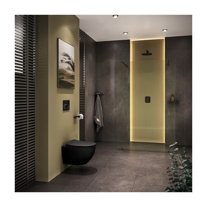 Pakabinamas WC puodas su plonu slow close dangčiu RAVAK Uni Chrome RimOff, juodas-matinis