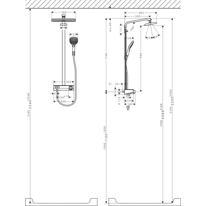 Termostatinė lietaus dušo sistema HANSGROHE Raindance E Showerpipe 360 1jet, 27288000