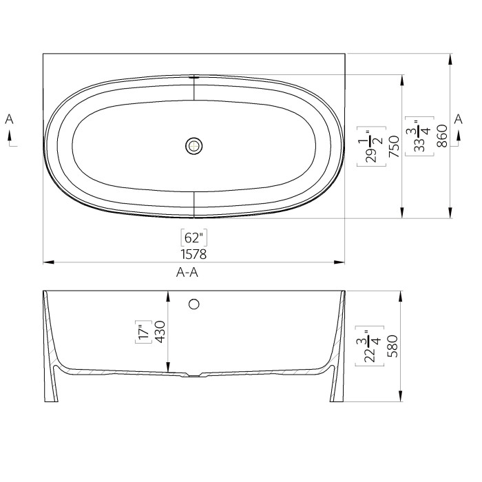 Akmens masės vonia glaudžiama prie sienos MEPA Aura 1578 x 860 mm