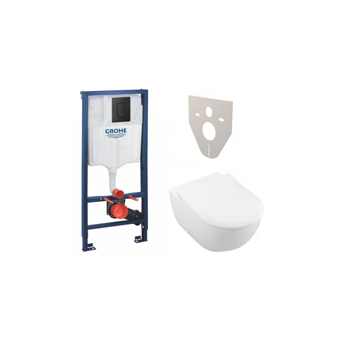Potinkinio WC rėmo GROHE Solido su juodu mygtuku Even + VILLEROY & BOCH Subway 2.0 pakabinamo unitazo komplektas (6 in 1)