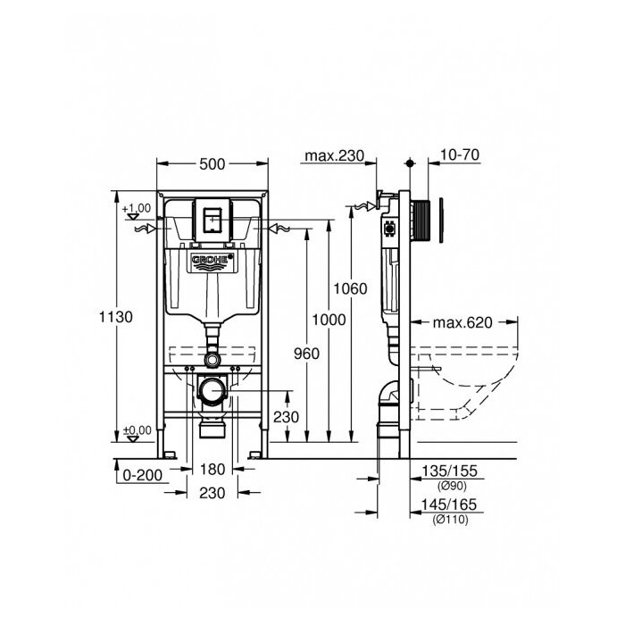 Potinkinio WC rėmo GROHE Solido su juodu mygtuku Even + VILLEROY & BOCH Subway 2.0 pakabinamo unitazo komplektas (6 in 1)
