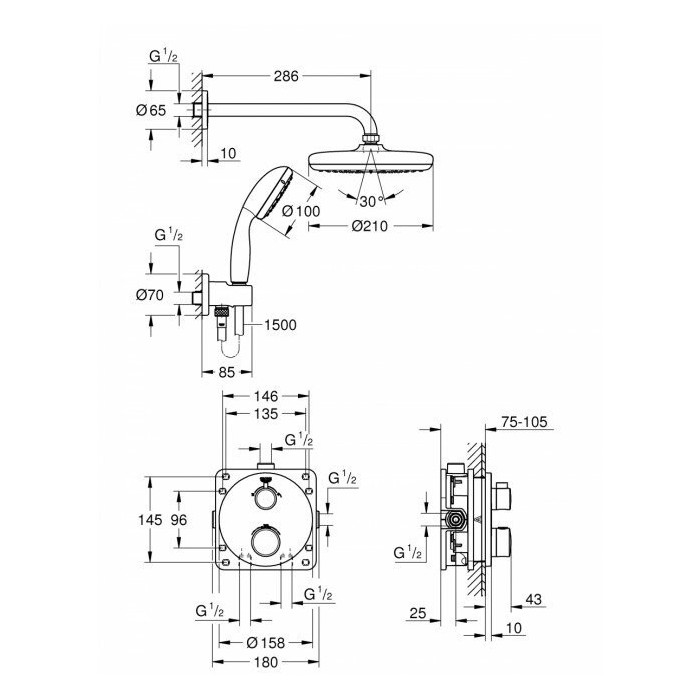 Potinkinis dušo komplektas GROHE Grohtherm Tempesta 210
