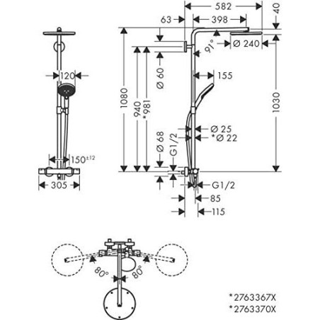 Termostatinė lietaus dušo sistema HANSGROHE Raindance Select S Showerpipes 240 1jet, 27633000