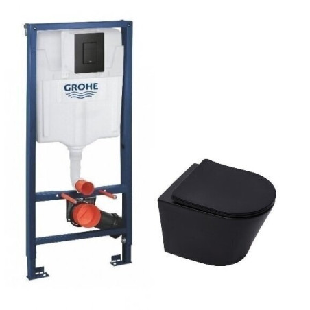 Potinkinis universalus unitazo (WC) rėmo komplektas GROHE (3 in 1) + pakabinamas unitazas SAT INFINITIO Compact Rimless juodas s