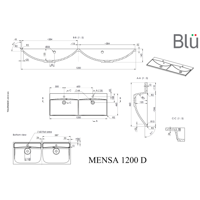 Baldinis - pakabinamas akmens masės praustuvas BLU Mensa, 1200 x 460 mm