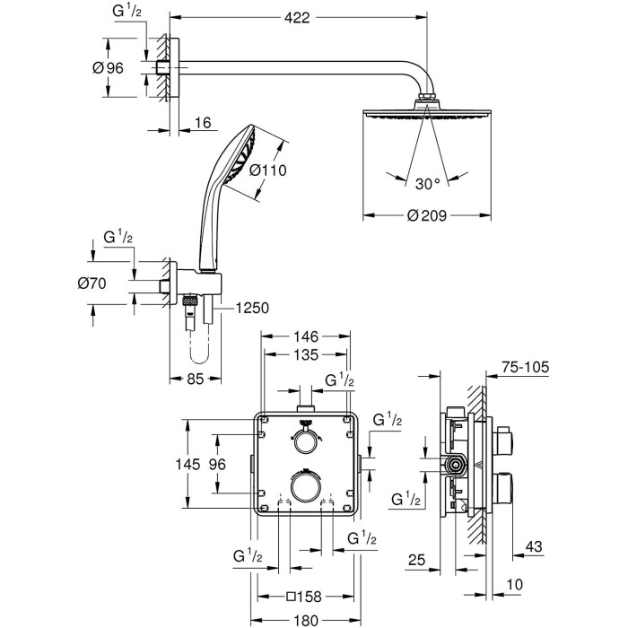 Potinkinė dušo sistema GROHE Grohtherm Cosmopolitan 210 su termostatu, 34734000