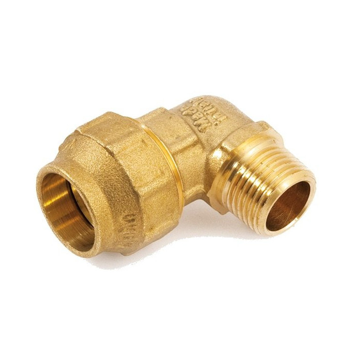 Užveržiama žalvarinė alkūnė PE vamzdžiui GENERAL FITTINGS 20 x 1/2" išorė